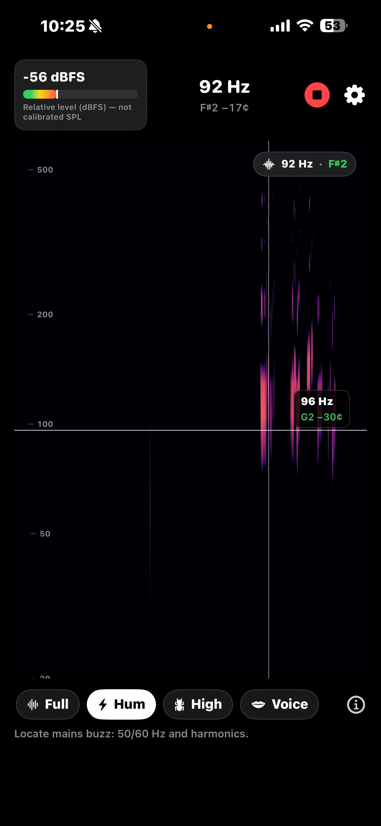 Hum preset with crosshair inspecting mains buzz