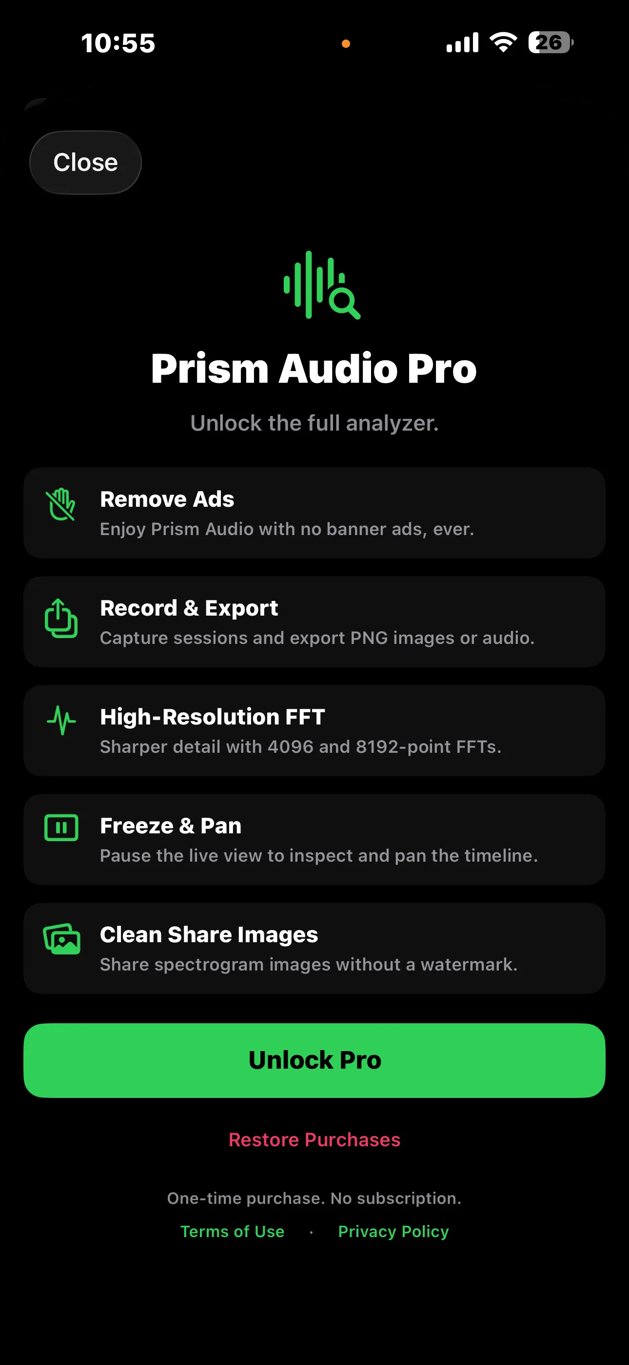 Prism Audio Pro — one-time upgrade unlocking the full analyzer