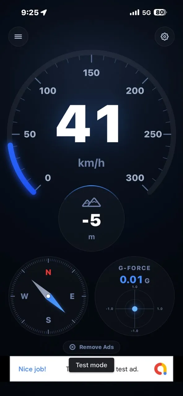 Speedometer dashboard showing 41 km/h, altitude, compass and G-force meter