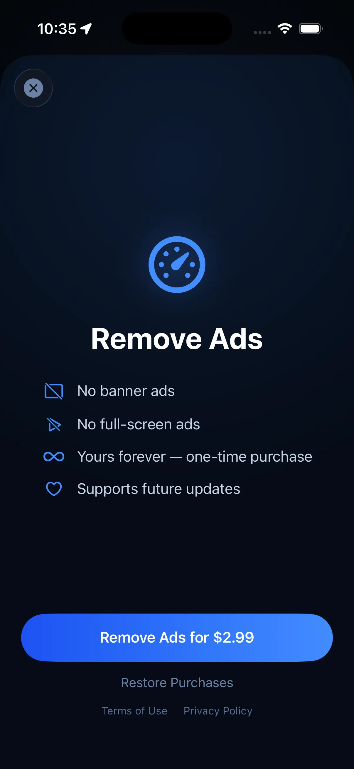 Remove Ads screen — a one-time $2.99 purchase that removes banner and full-screen ads