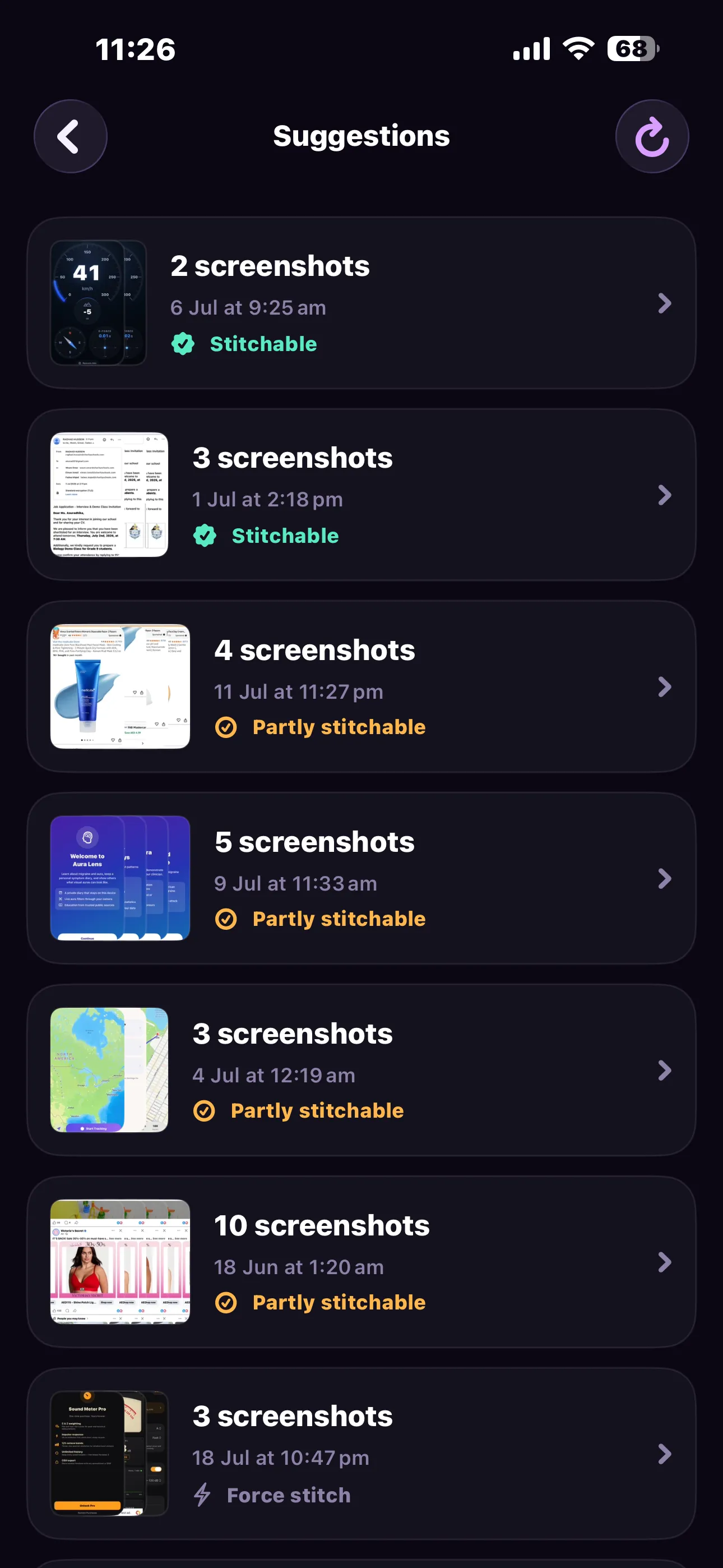 Suggestions list showing screenshot sets labelled Stitchable, Partly stitchable and Force stitch