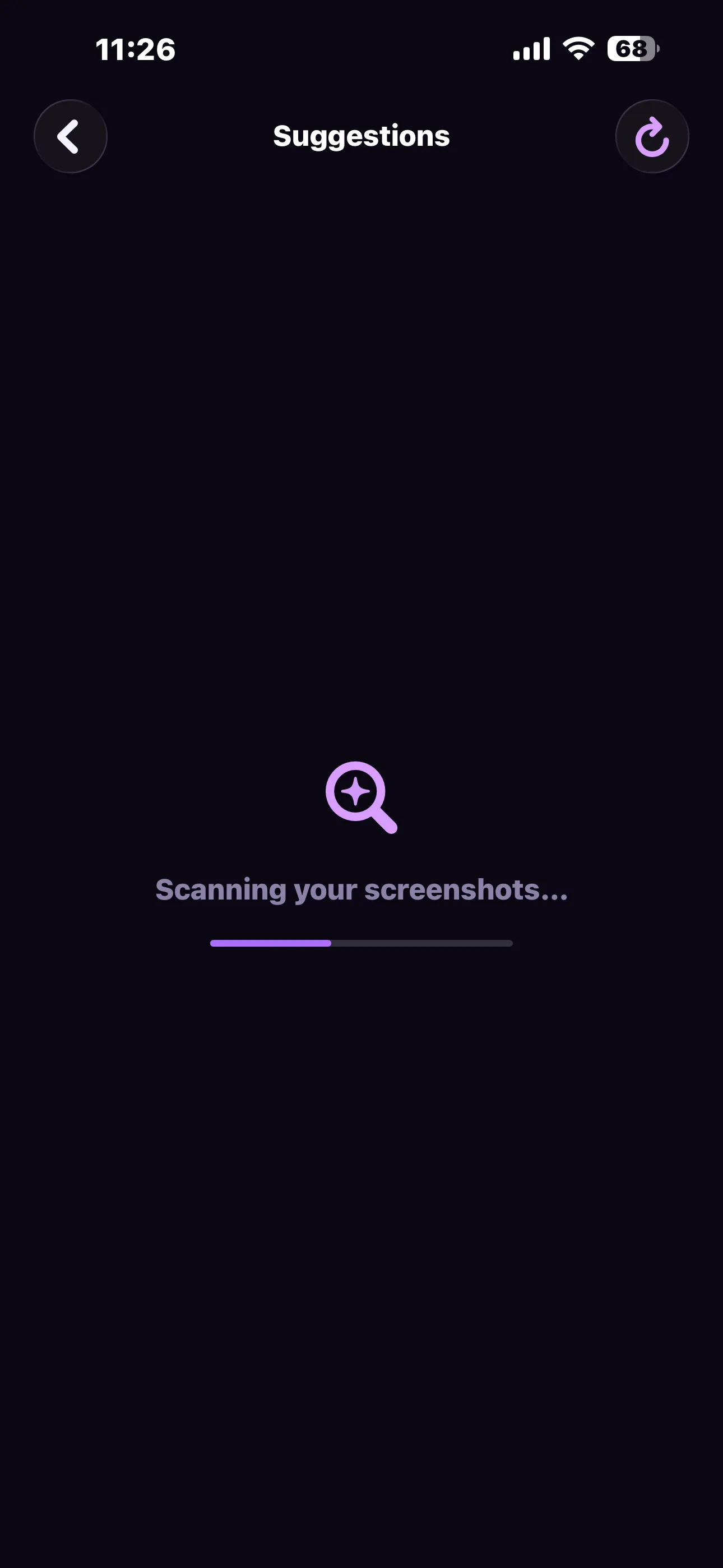 Stitch Screens scanning the camera roll for stitchable screenshot sets with a progress bar