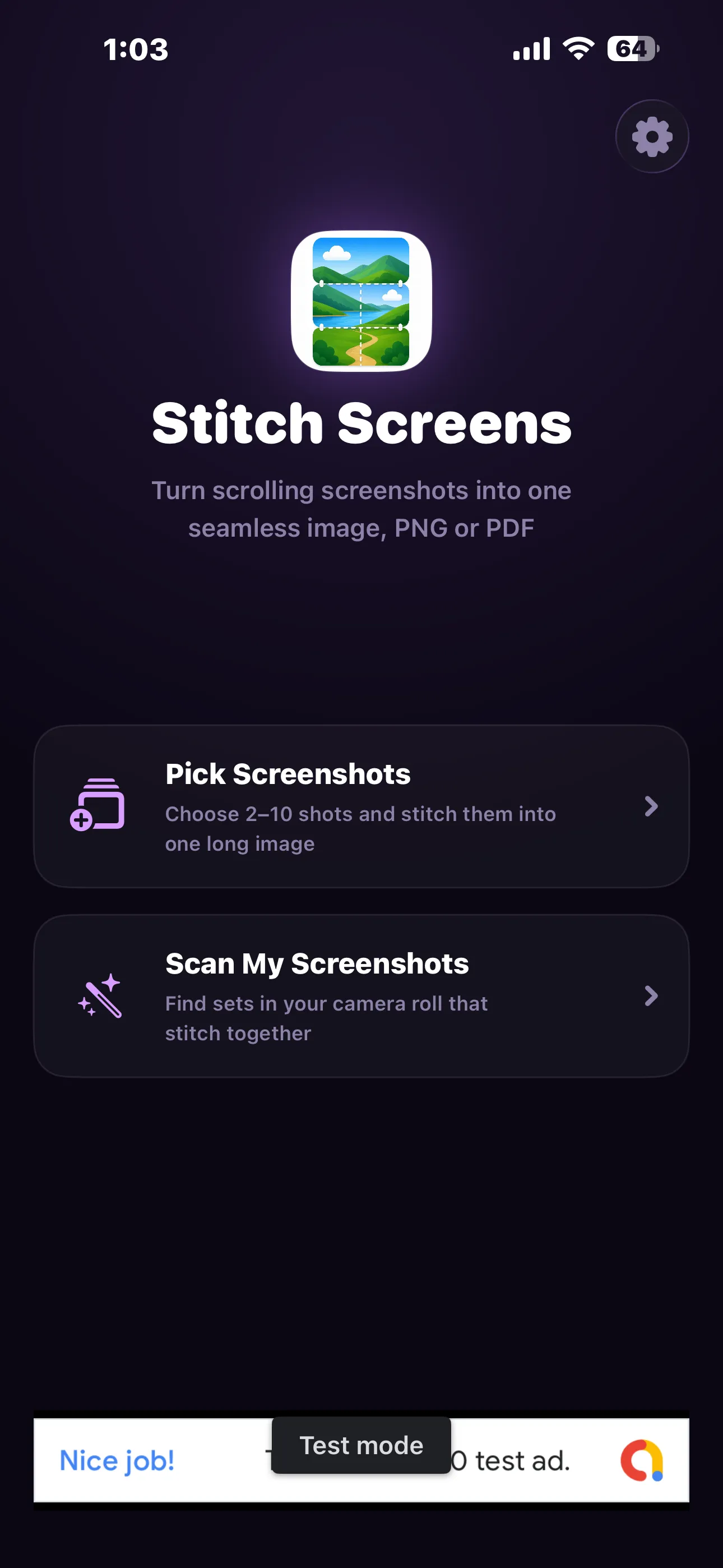 Stitch Screens home screen on iPhone with Pick Screenshots and Scan My Screenshots options