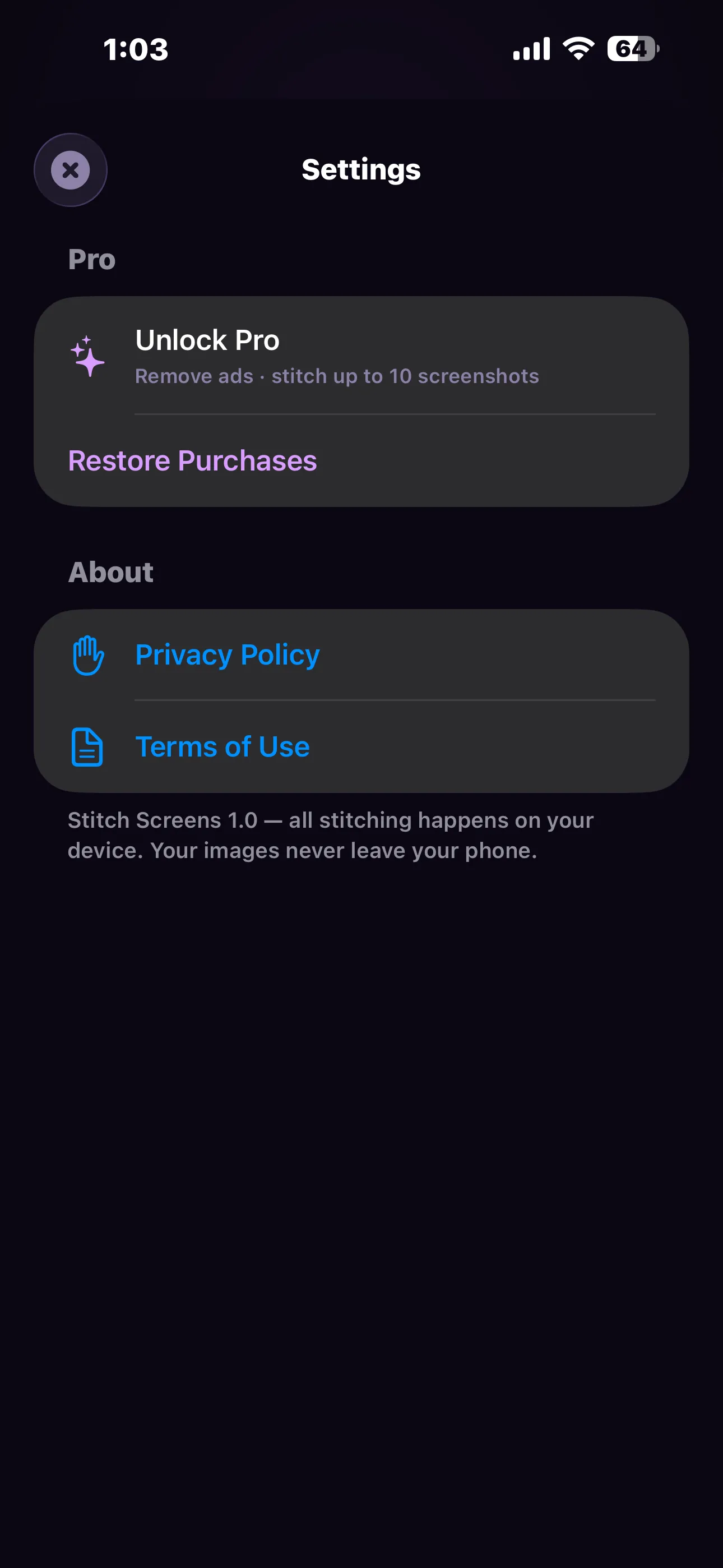 Stitch Screens settings with Unlock Pro, Restore Purchases, Privacy Policy and Terms of Use