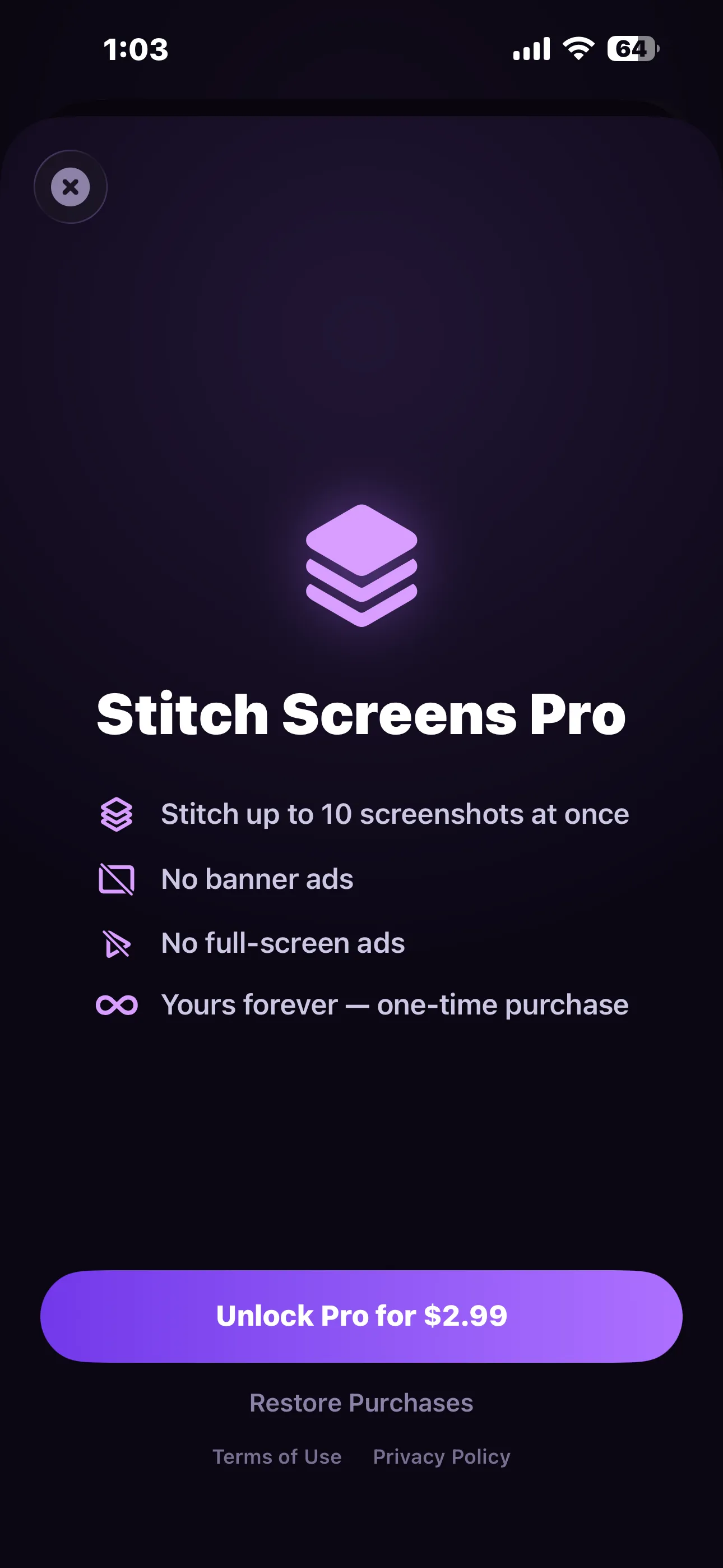 Stitch Screens Pro screen listing its four benefits and an Unlock Pro for $2.99 button