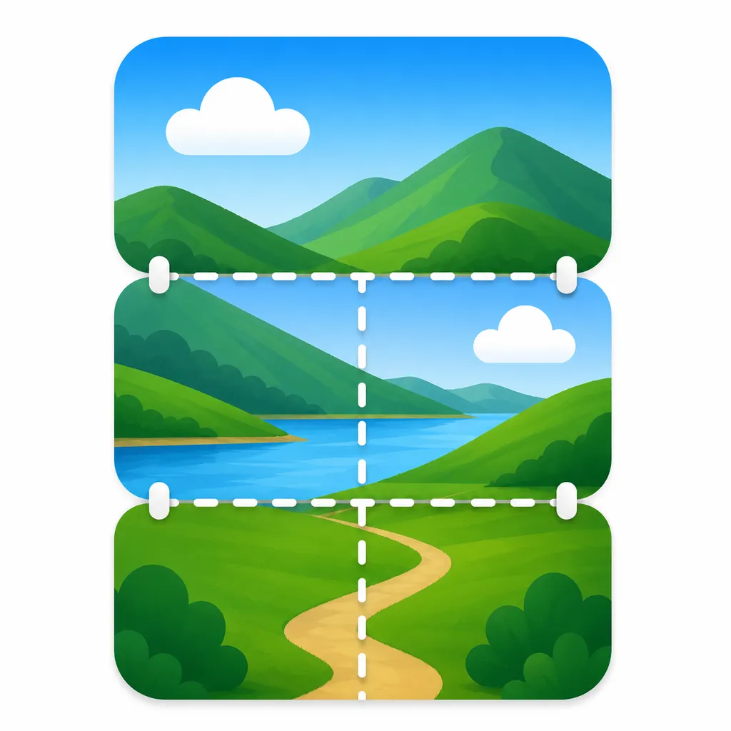 Stitch Screens app icon &mdash; three overlapping screenshot panels of a landscape joined by dashed seam lines