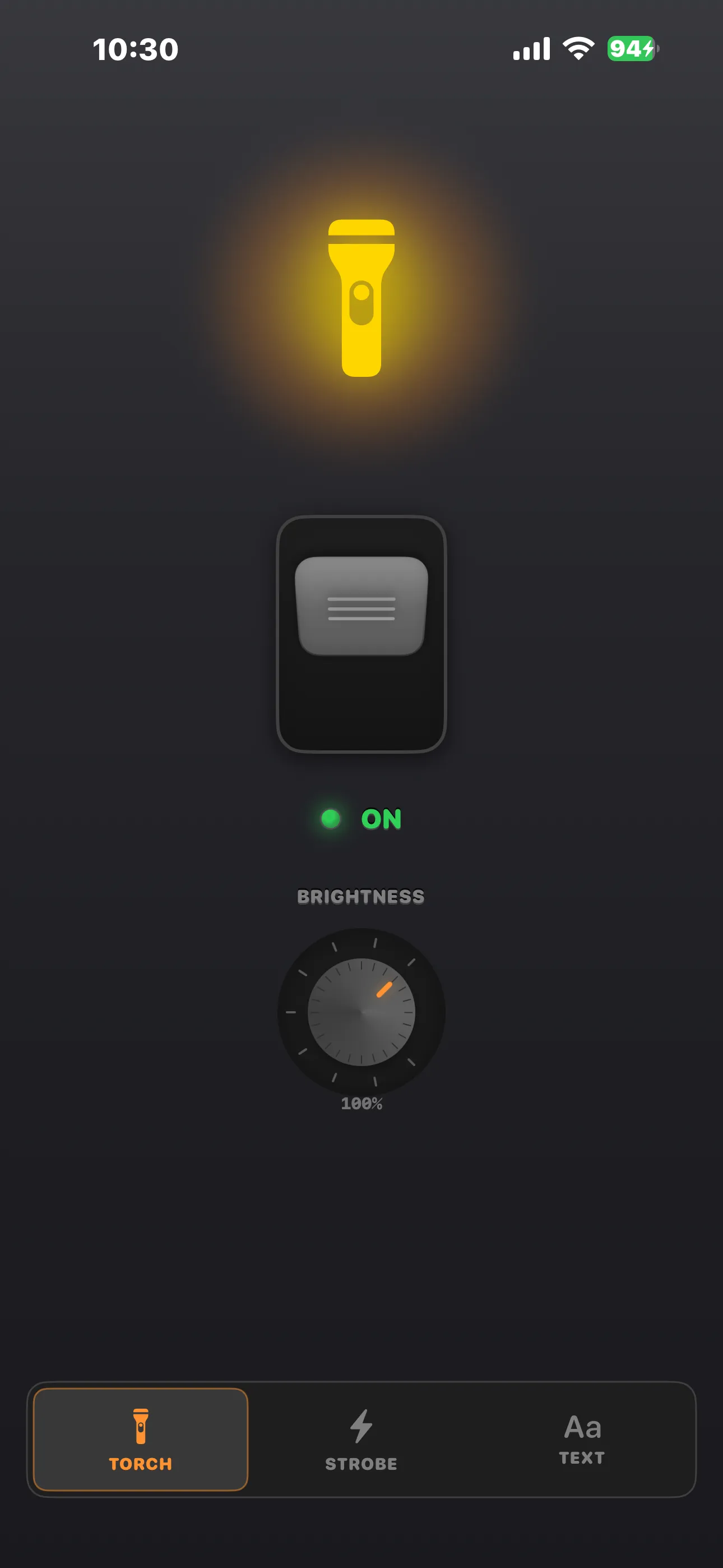 Torch AB Torch tab with light glowing yellow, switch on