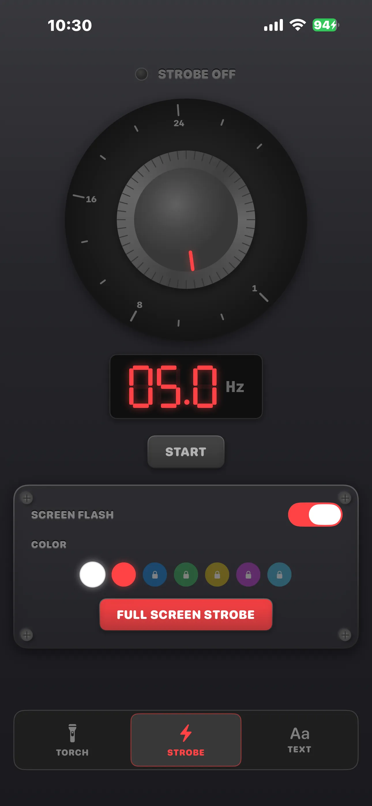 Torch AB Strobe tab with frequency dial set to 5 Hz