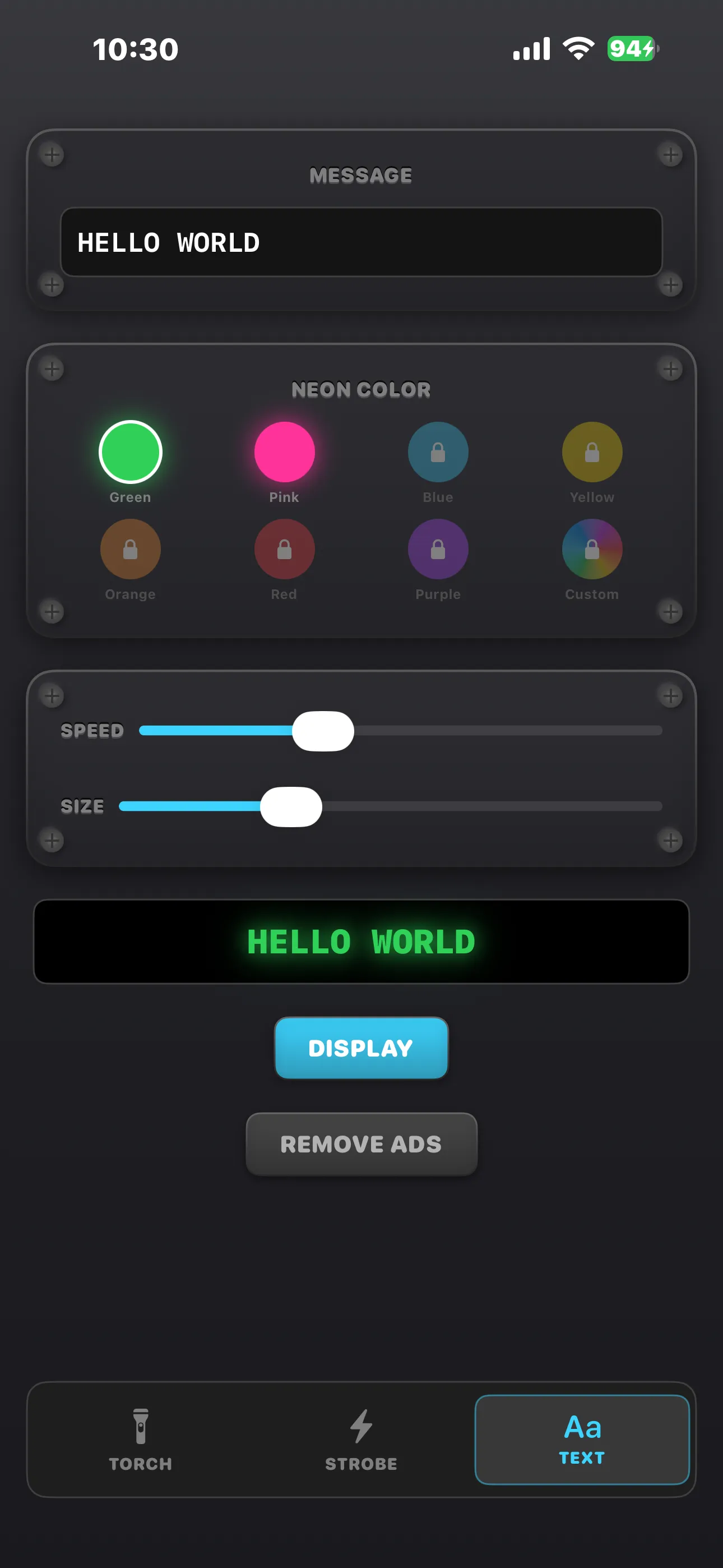 Torch AB Text tab with neon colour picker, speed and size sliders