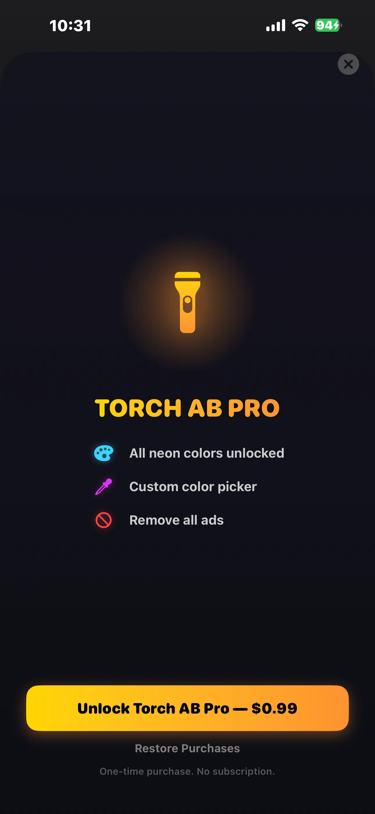 Torch AB Pro paywall showing $0.99 unlock