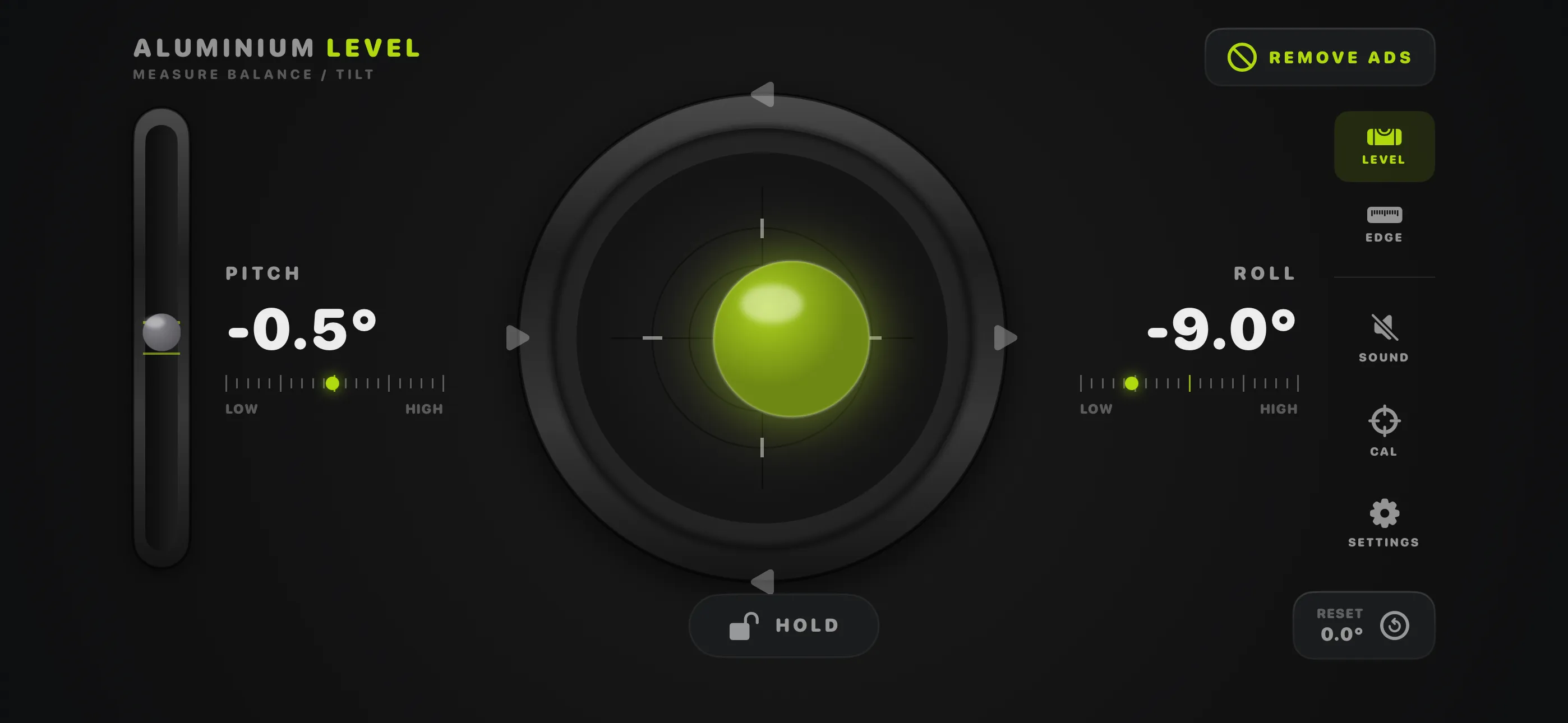 Bullseye level showing pitch and roll with a glowing bubble