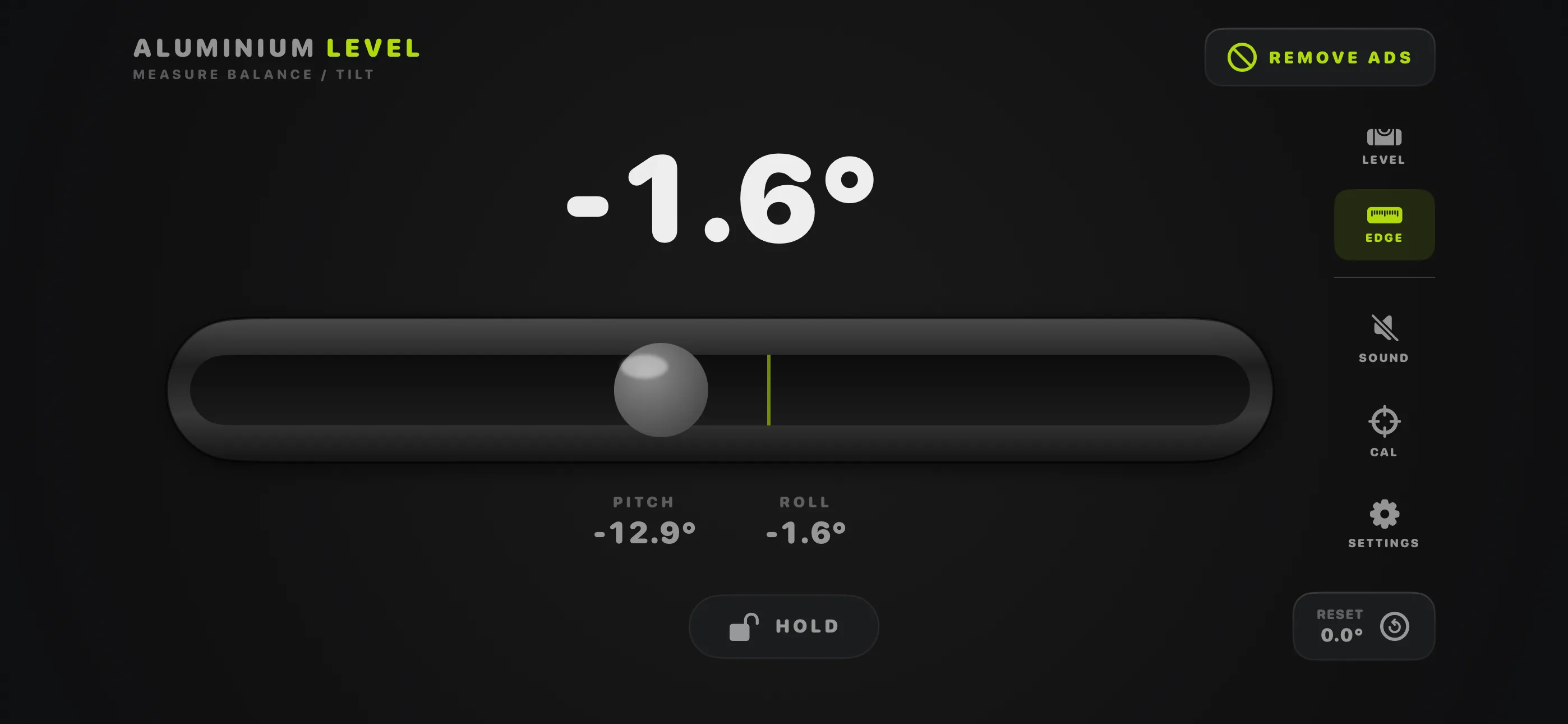 Edge mode single-axis bar level with degree readout
