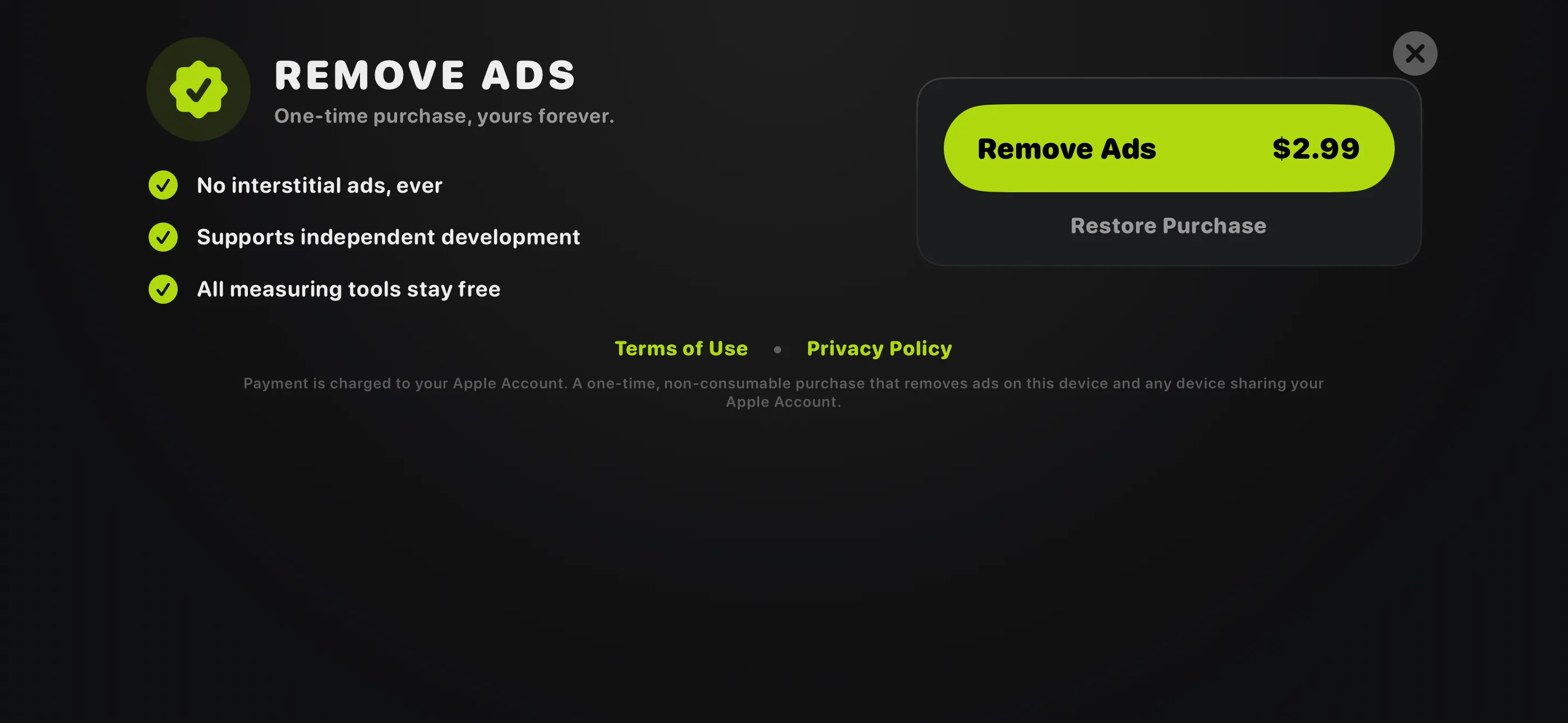 Remove Ads — one-time purchase to remove ads forever