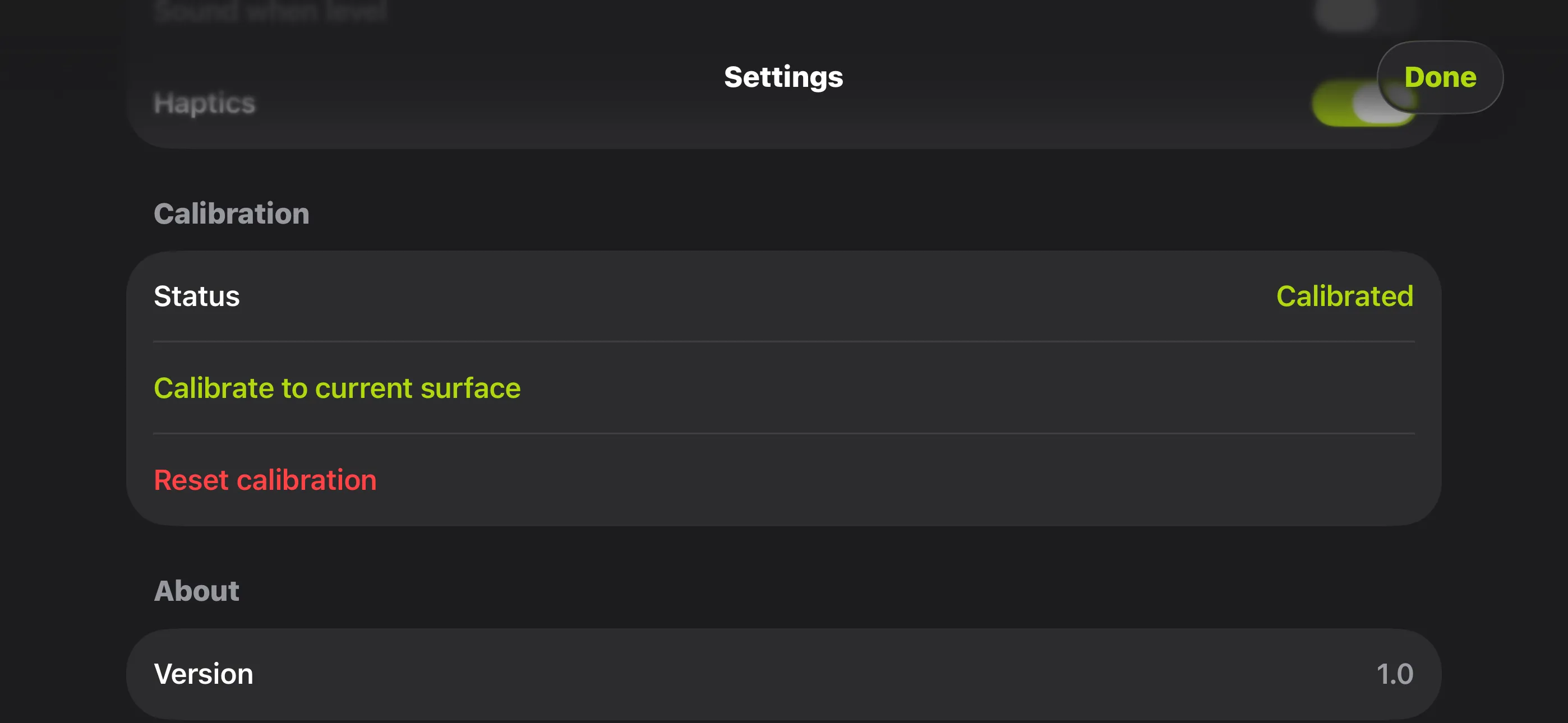Settings — calibration status, calibrate to current surface, and reset