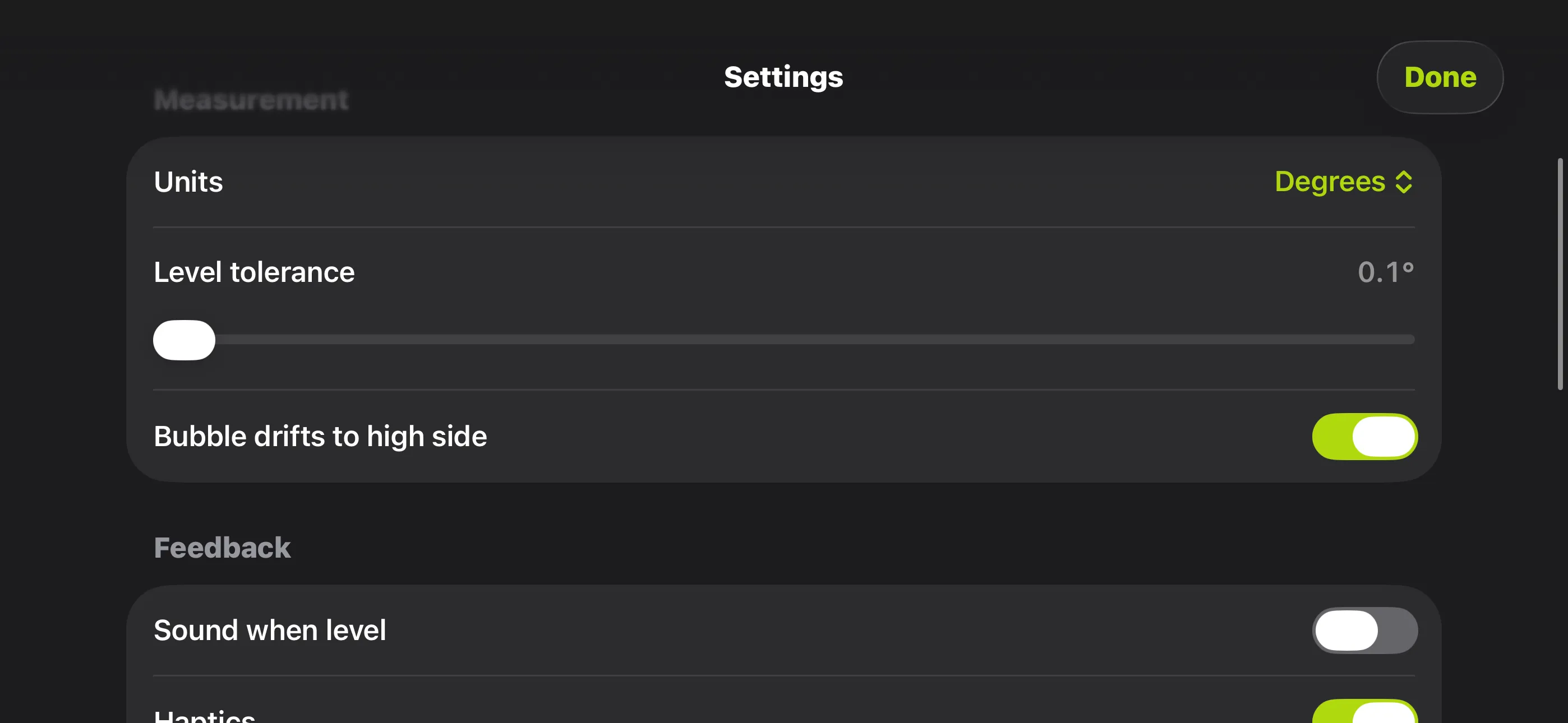 Settings — units, level tolerance, and bubble drift to high side