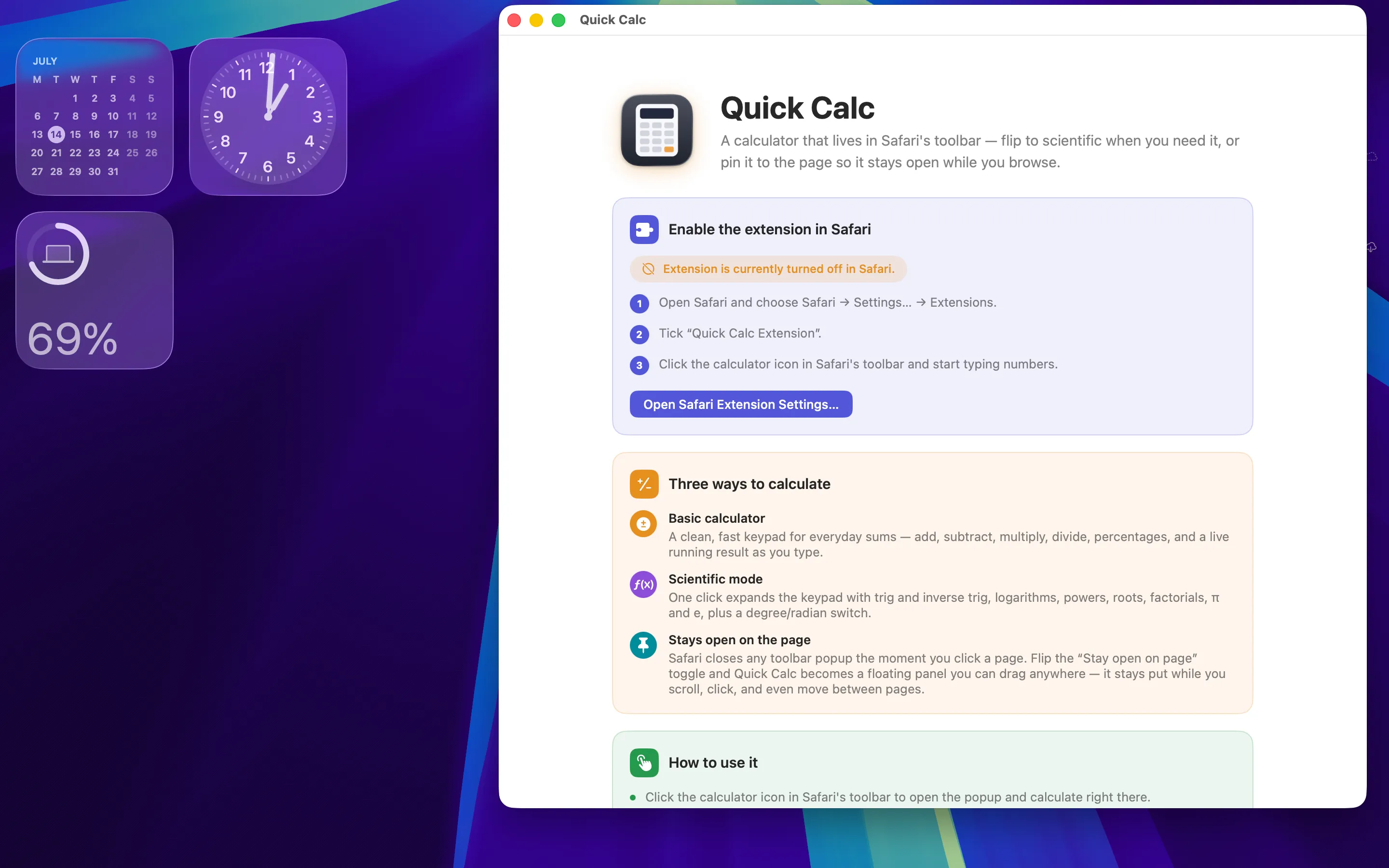 Quick Calculator app window with steps for enabling the extension in Safari and an overview of the three ways to calculate