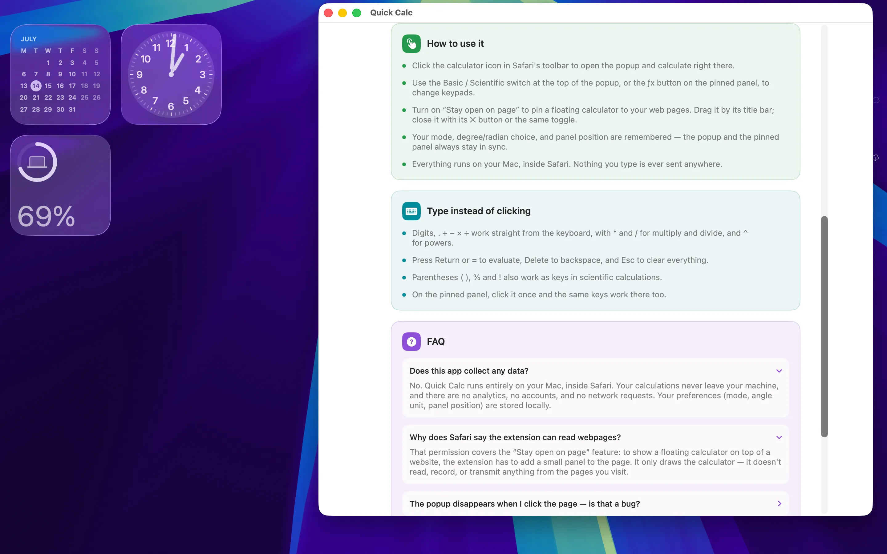 Quick Calculator app window showing how to use it, keyboard shortcuts, and answers to frequently asked questions