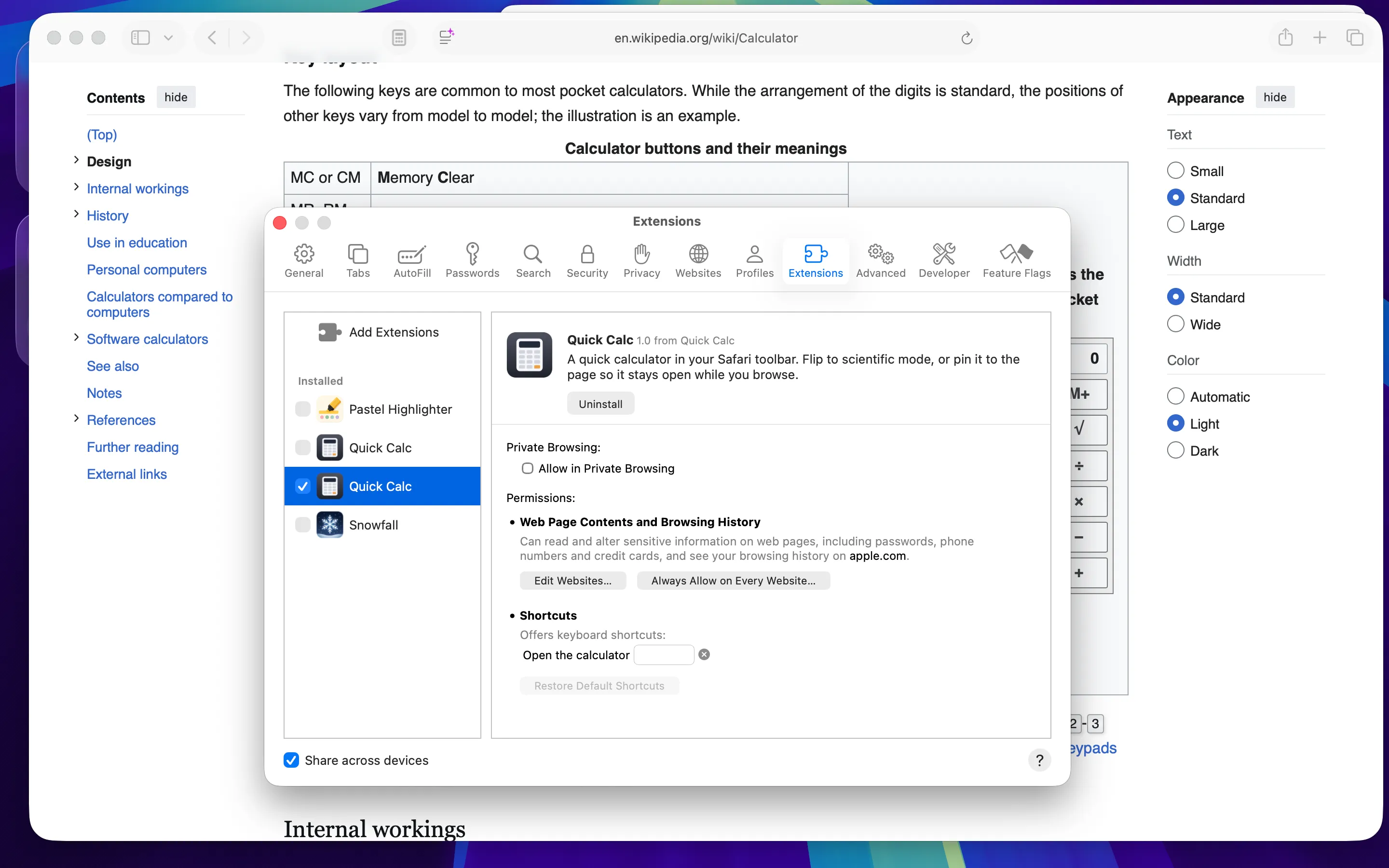 Safari's Extensions settings window with Quick Calc enabled, showing its permissions and keyboard shortcut
