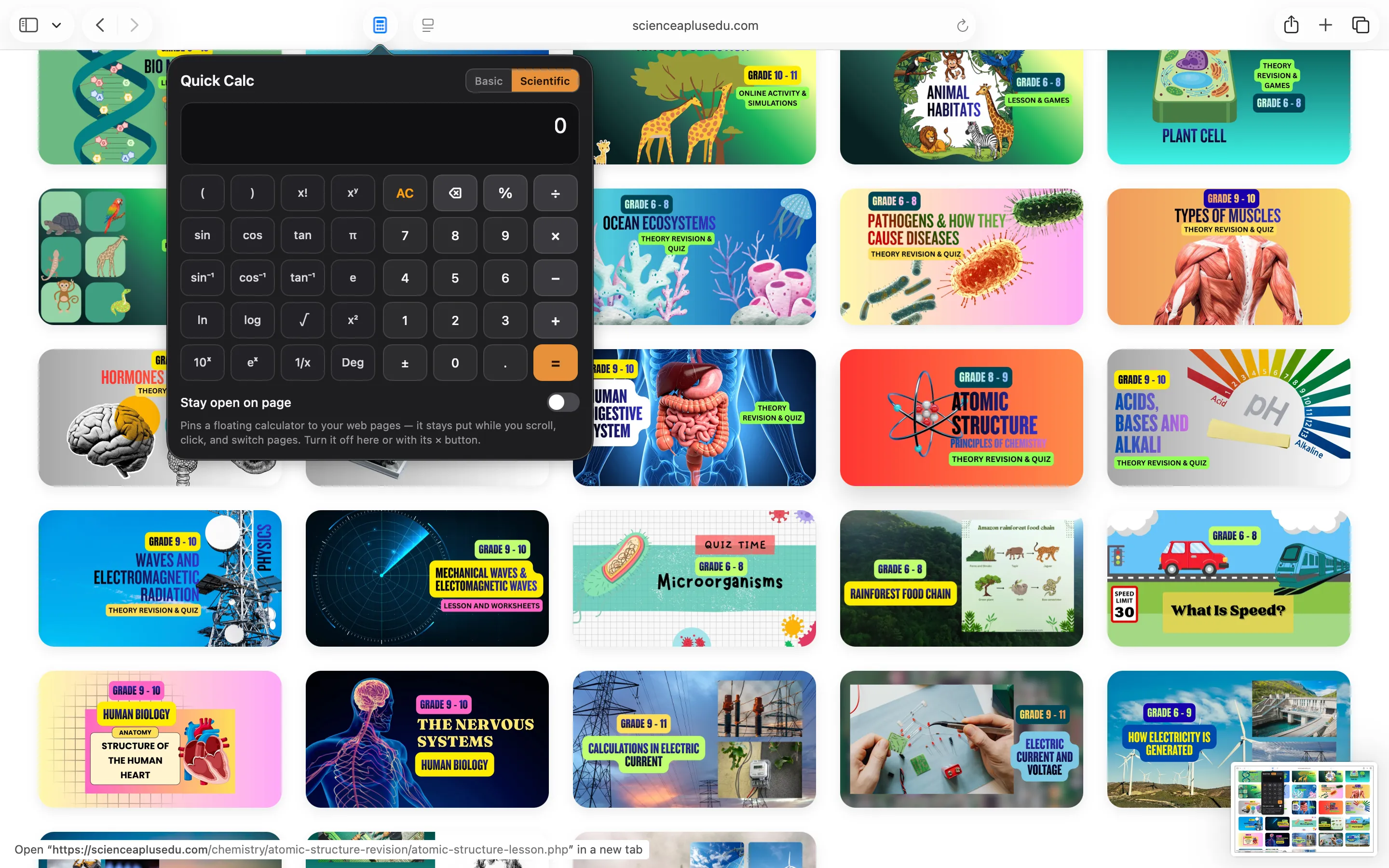 Quick Calculator scientific popup with trigonometry, inverse trig, logarithms, powers, roots, factorial, constants, and a Deg/Rad switch