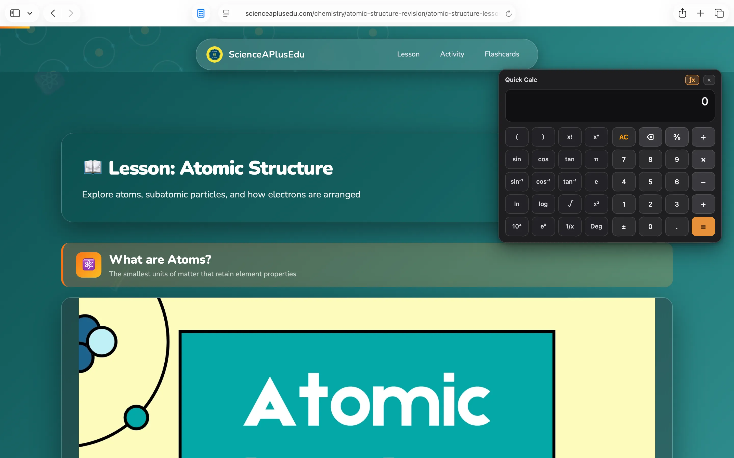 Quick Calculator pinned as a floating panel over a webpage, staying open with fx and close buttons in its title bar