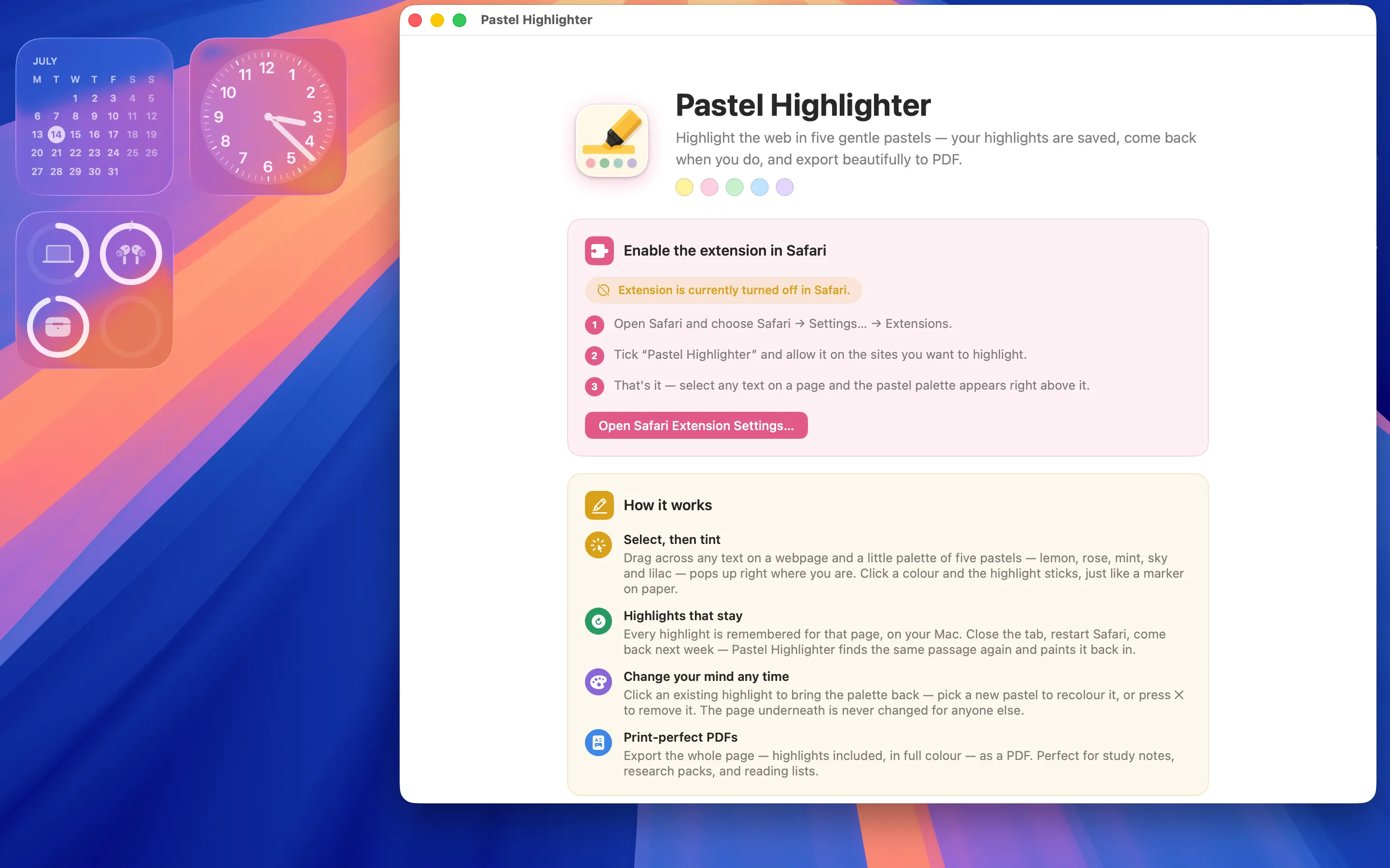 Pastel Highlighter Mac app window showing steps to enable the extension in Safari and a How it works overview