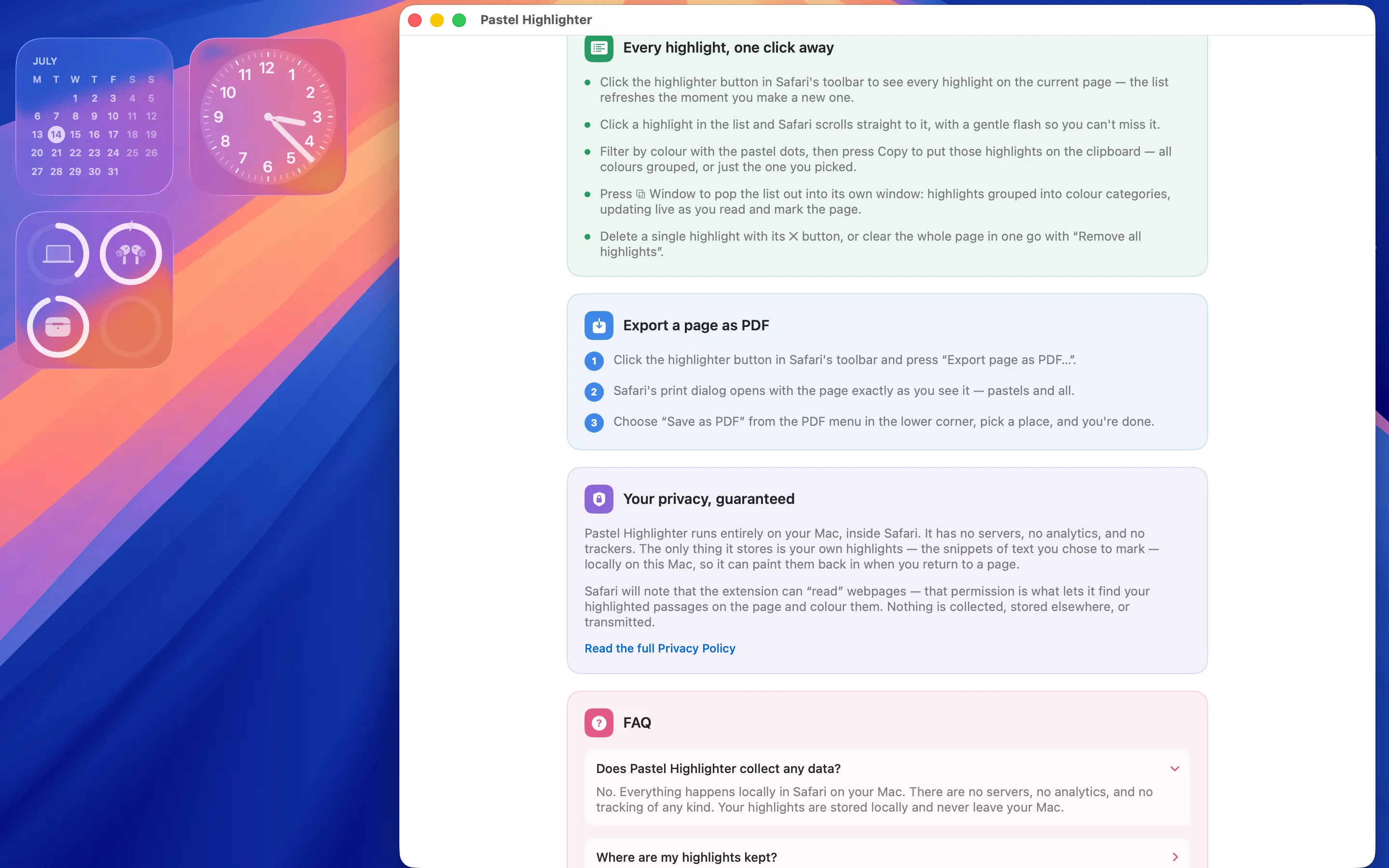 Pastel Highlighter Mac app window explaining the export-to-PDF steps, its privacy guarantee, and frequently asked questions