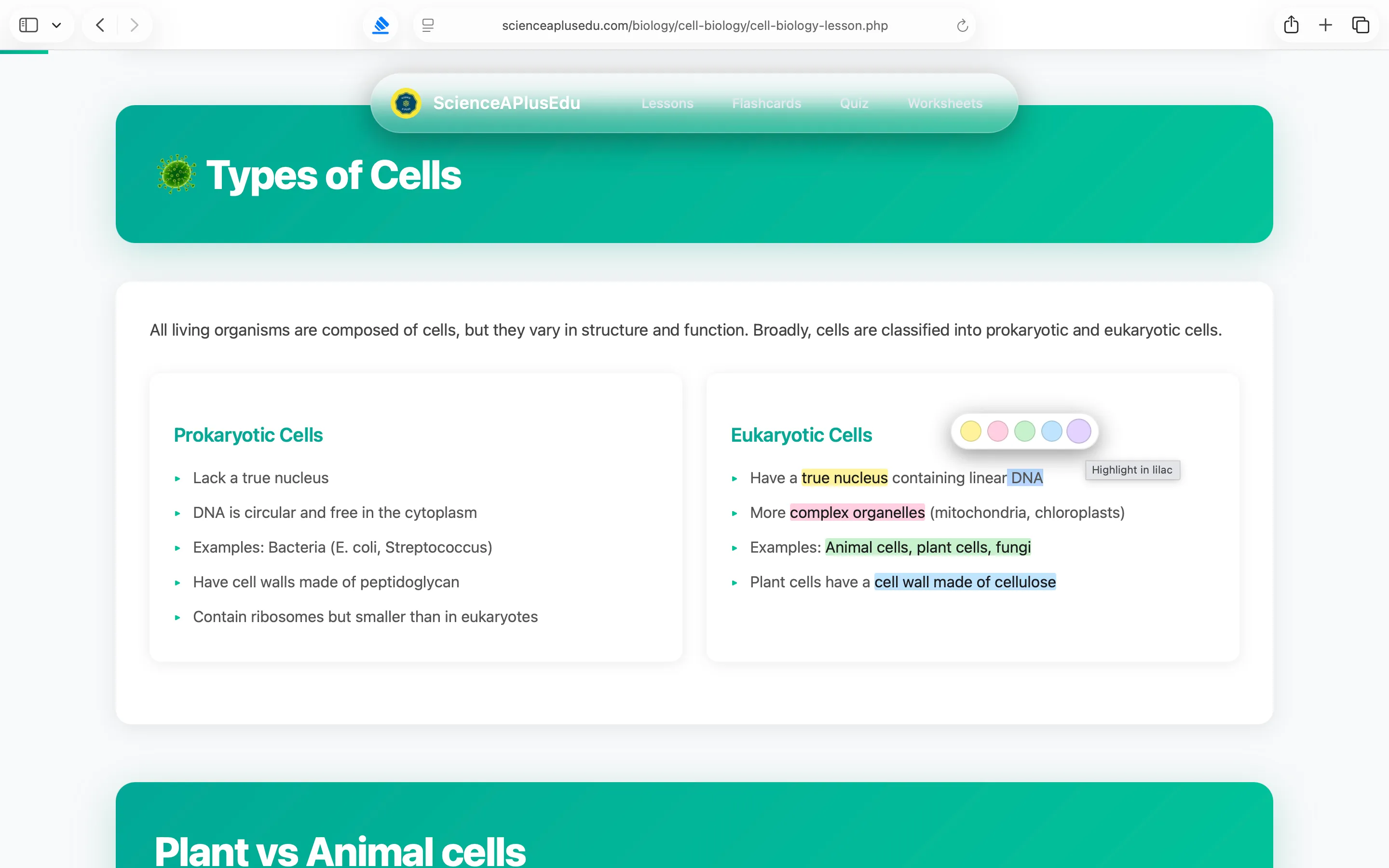 Selected text on a webpage with the five-pastel Pastel Highlighter palette floating right above the selection and a Highlight in lilac tooltip