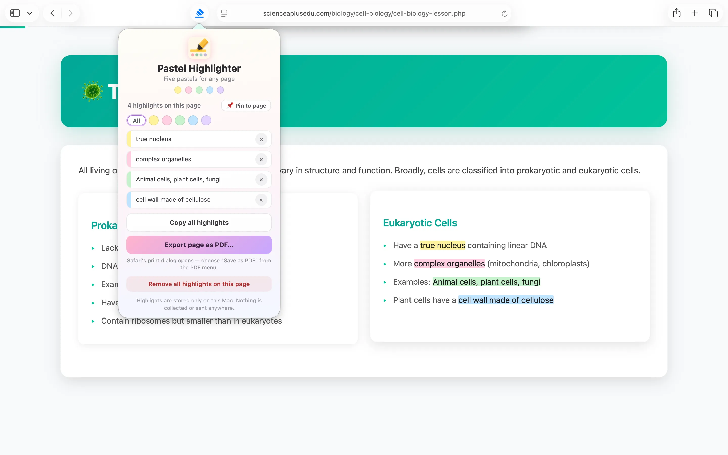 Pastel Highlighter toolbar popup listing every highlight on the page, with colour filter dots, Pin to page, Copy all highlights, and Export page as PDF