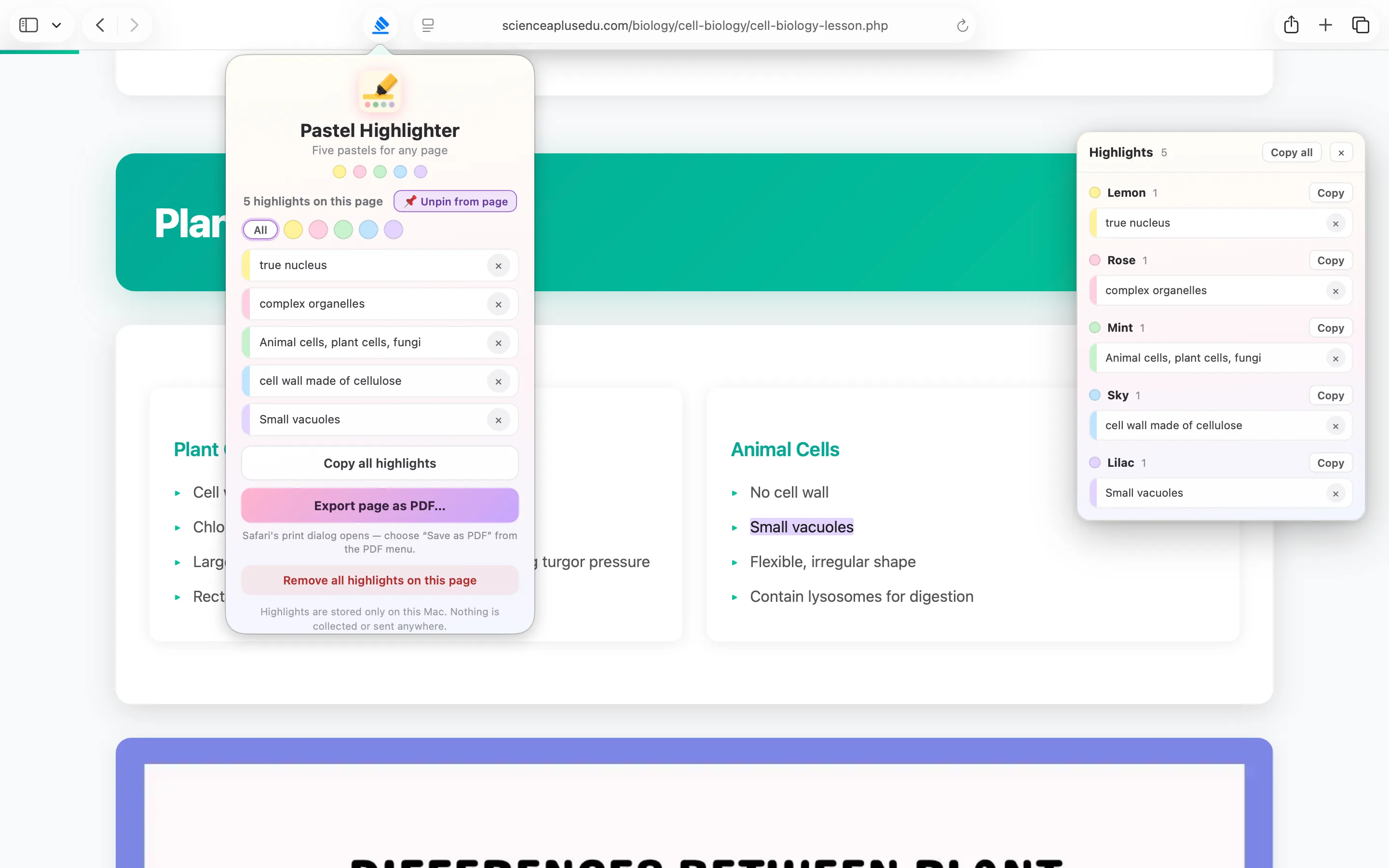 The pinned Pastel Highlighter panel floating over a webpage, grouping highlights into Lemon, Rose, Mint, Sky, and Lilac colour categories
